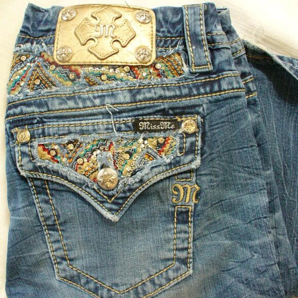 Miss Me Blue Boot Cut Jeans with Gold Accents - Picture 1 of 9